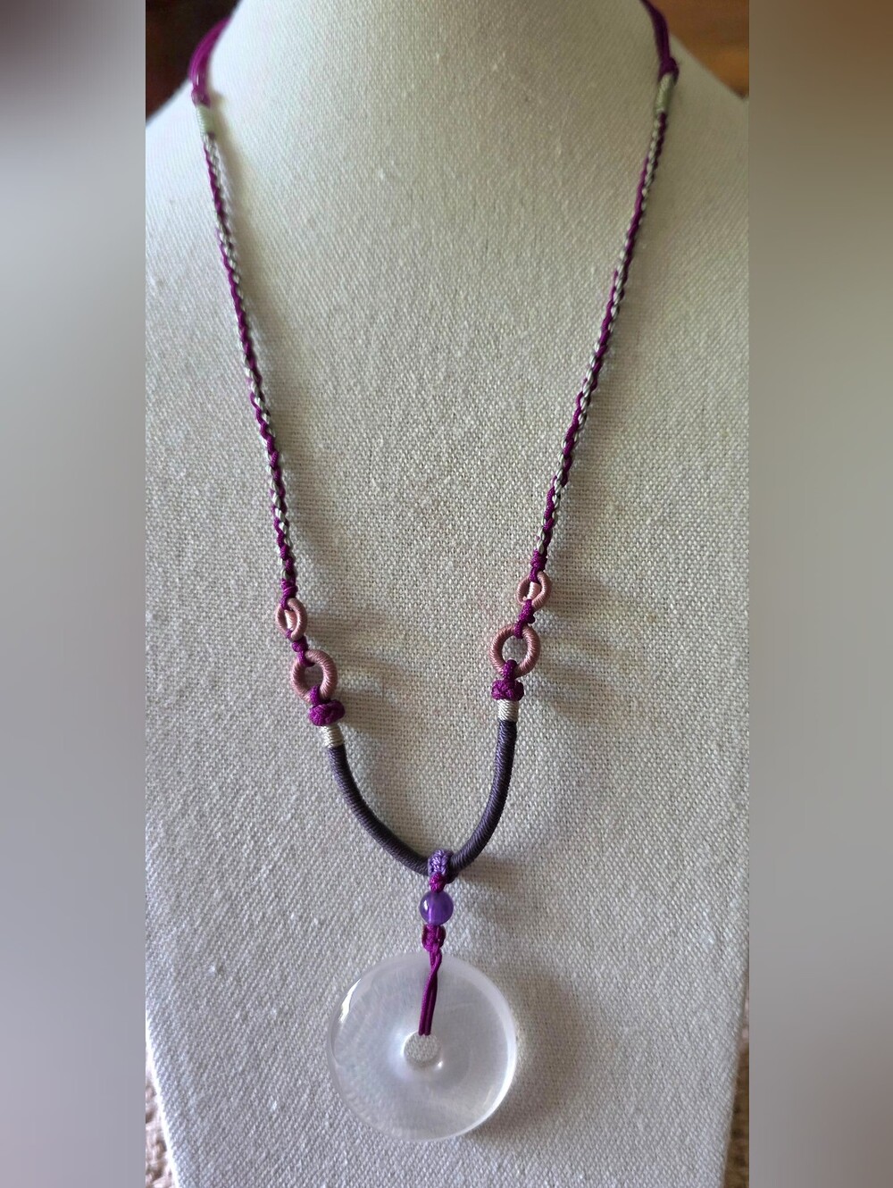 Translucent Icy Jade Donut Pi Disc Hand-Woven Cord Necklace with Amethyst Accent